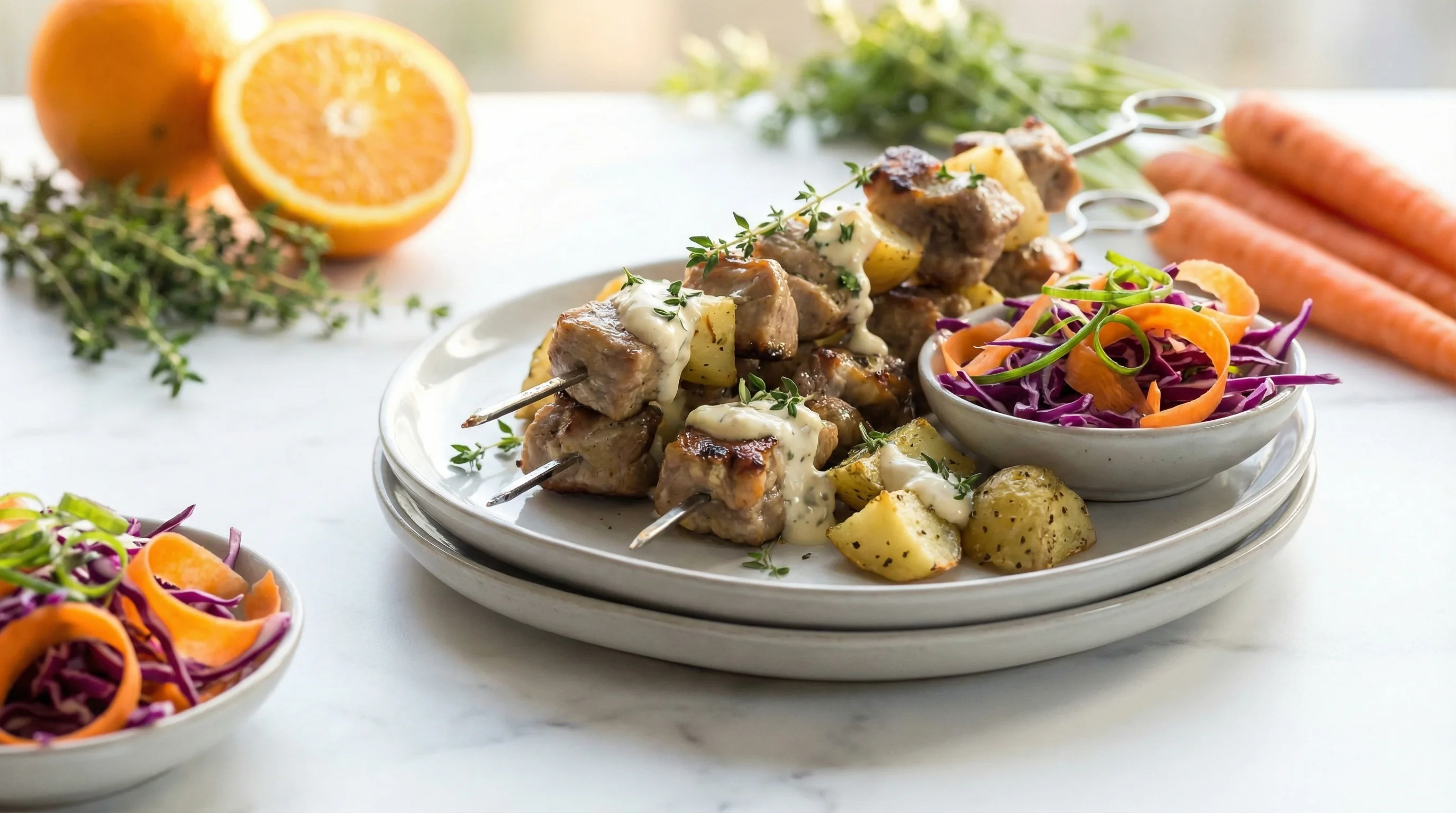 Low FODMAP Orange Thyme Pork Skewers with Fresh Chive Slaw - Low FODMAP Recipe
